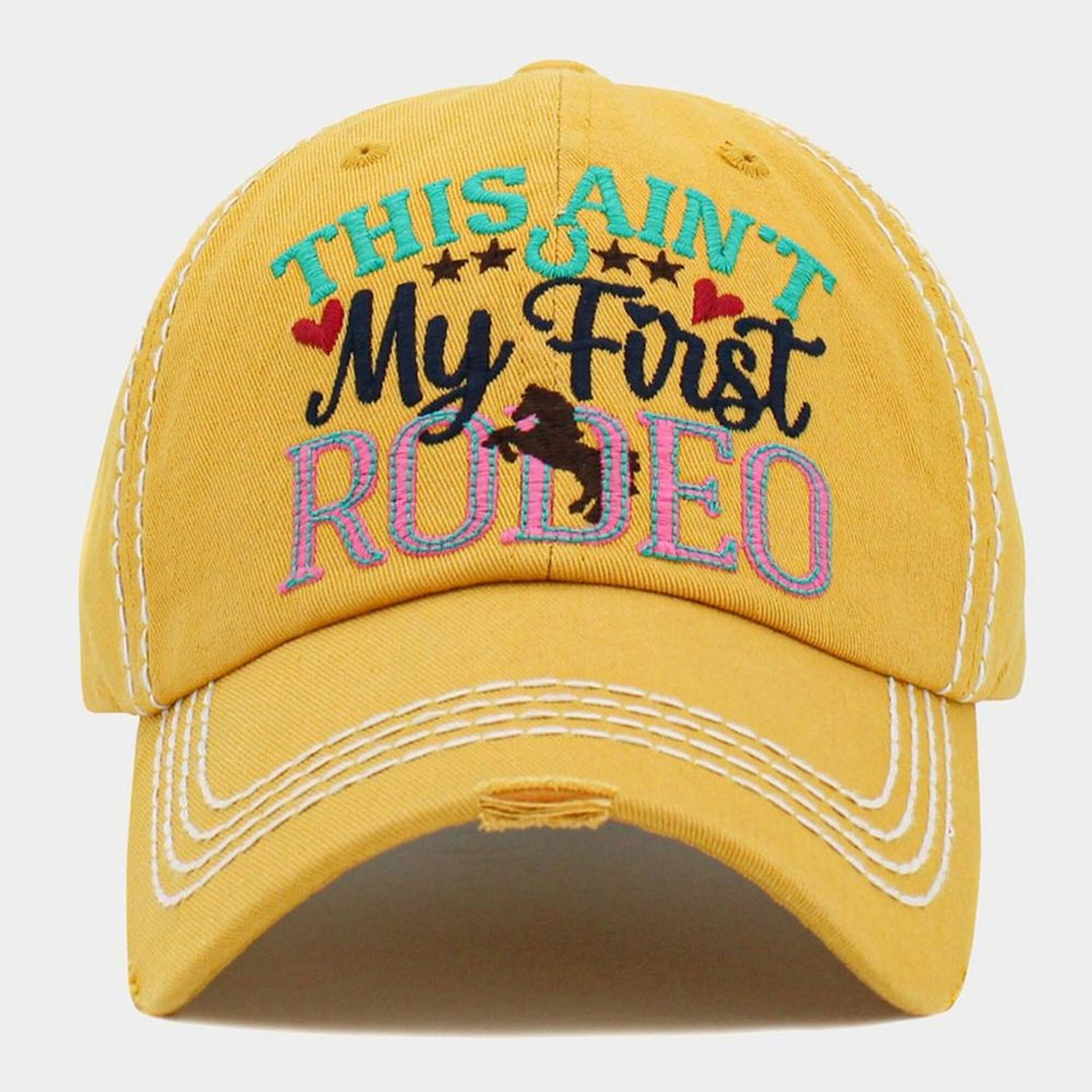 THIS AIN'T MY FIRST RODEO DISTRESSED DENIM BASEBALL CAP, EQUESTRIAN CAP